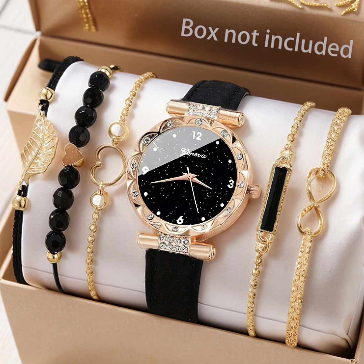 6pcs womens watch elegant and fashionable starry   dial pu leather quartz watch exquisite leaf bracelet set suitable as a gift for female friends back to season christmas graduation season birthday halloween perfect gift