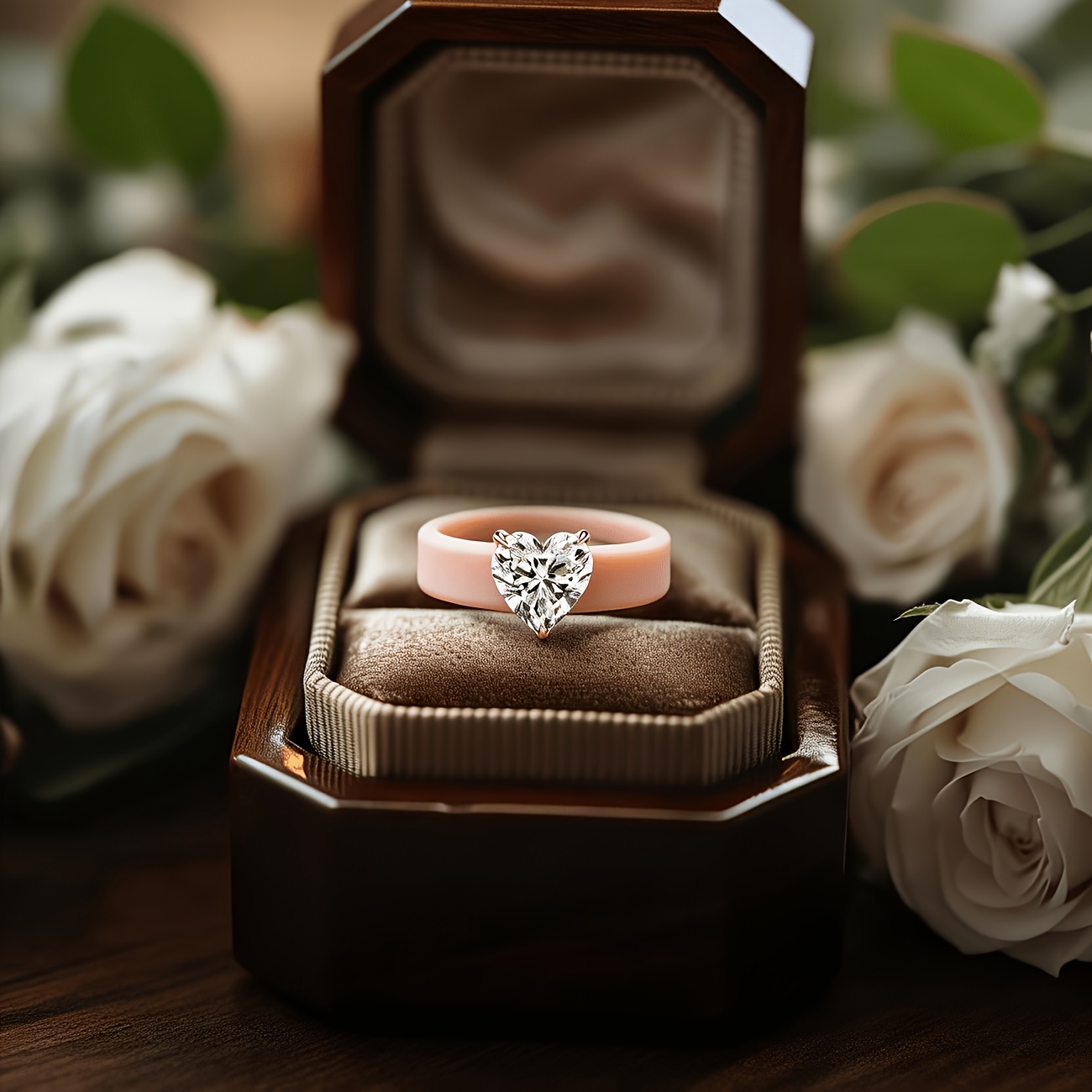 14K Gold-plated Khaki Silicone Ring with Heart-shaped CZ