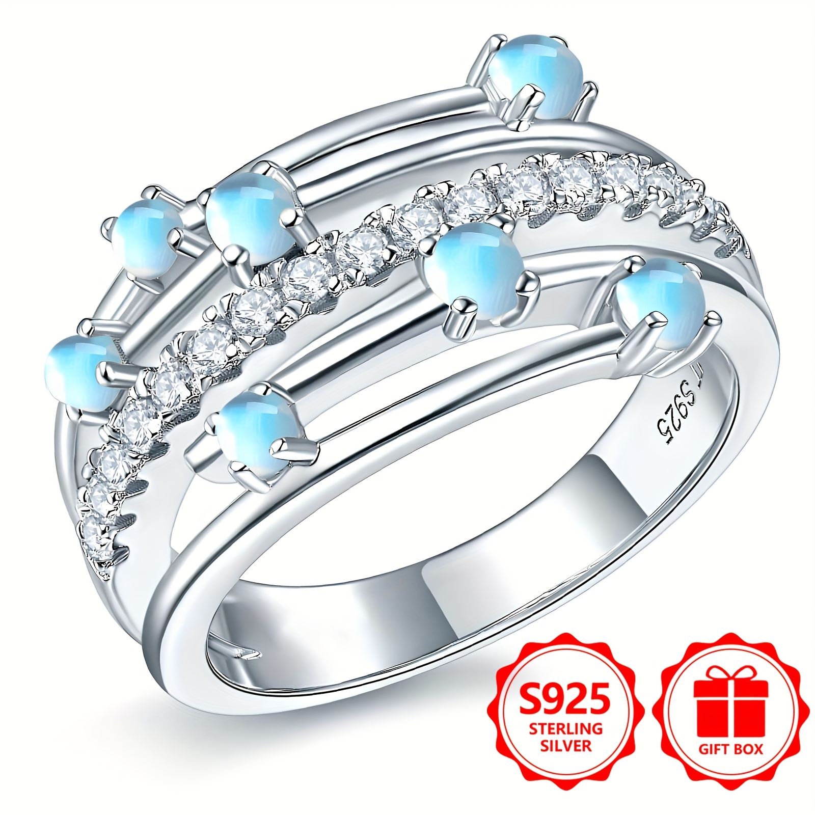 925 Silver Moonstone Layer Ring with Zirconia