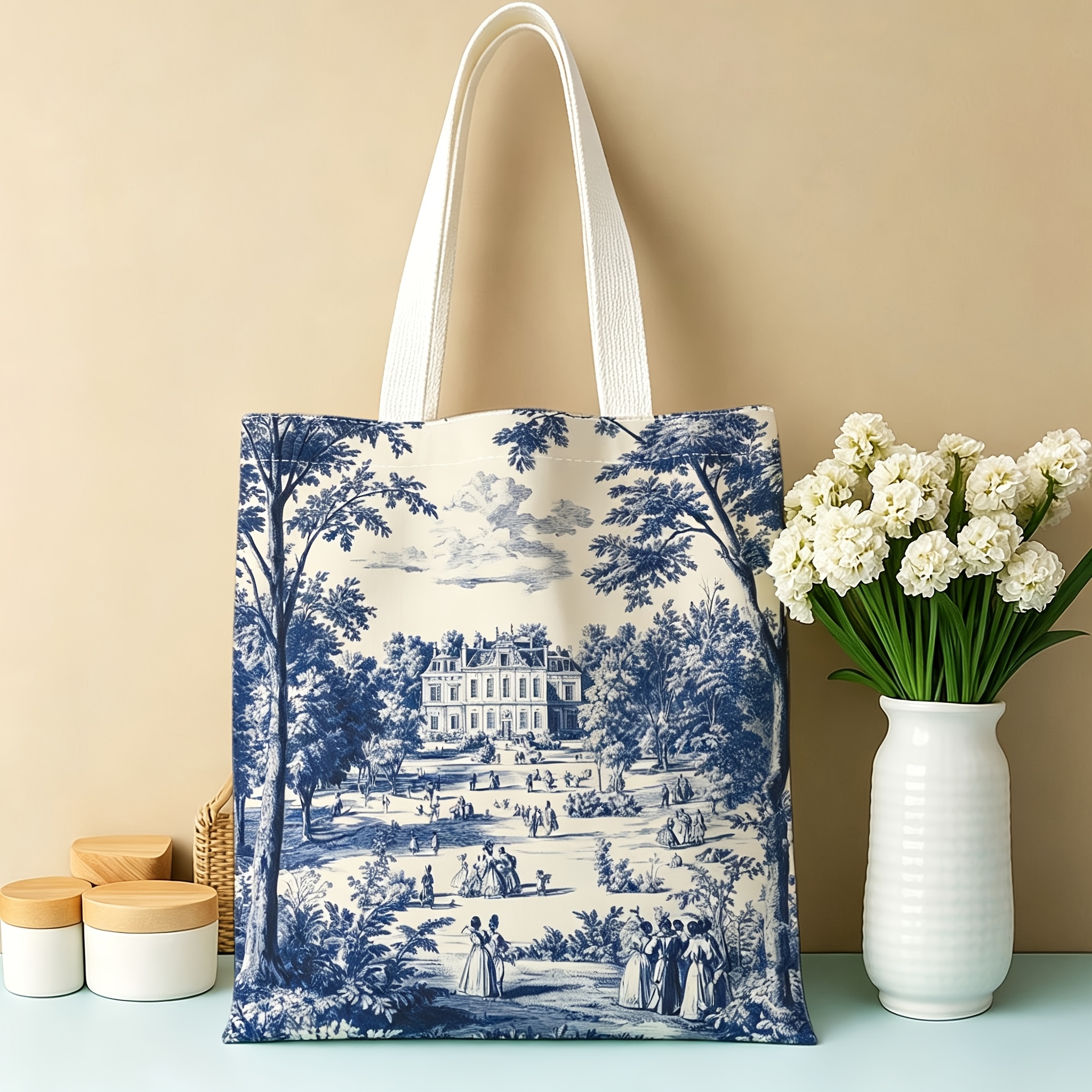 TEMU 1pc French Vintage Toile Tote Bag Suitable For Grocery Shopping & Daily Use, Reusable Multifunctional Bag With Double-sided Prints, Machine