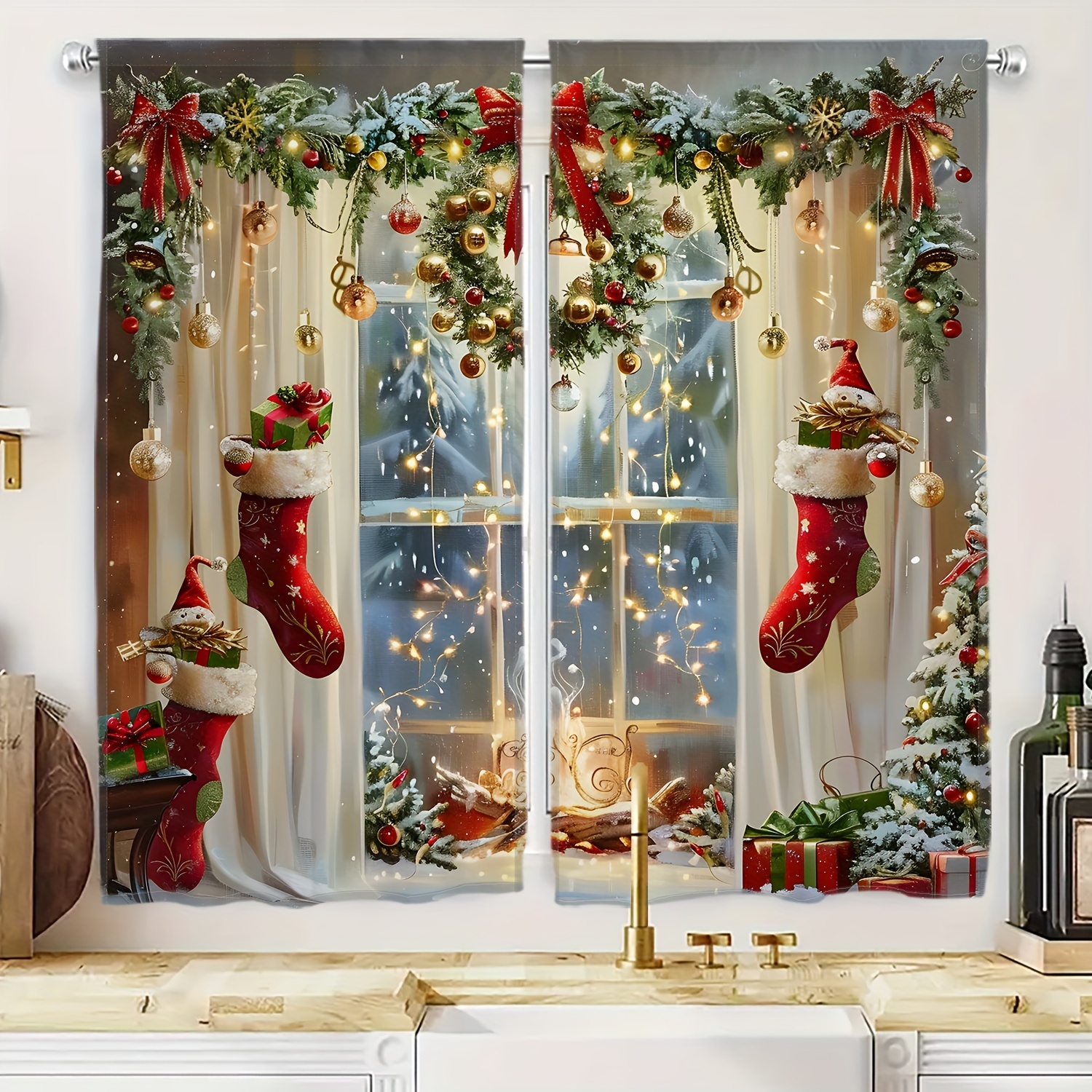 

2pcs Christmas Curtain Panels, Drapes, , Polyester, , Rod , Pattern, For , , , , Decor - 16