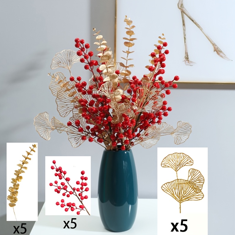 

15pcs Elegant Artificial Berry & Bouquet Set - Vibrant Red Berries With Eucalyptus Accents, New Year & Celebrations, Decor (vase Not Included), Flower Decorations