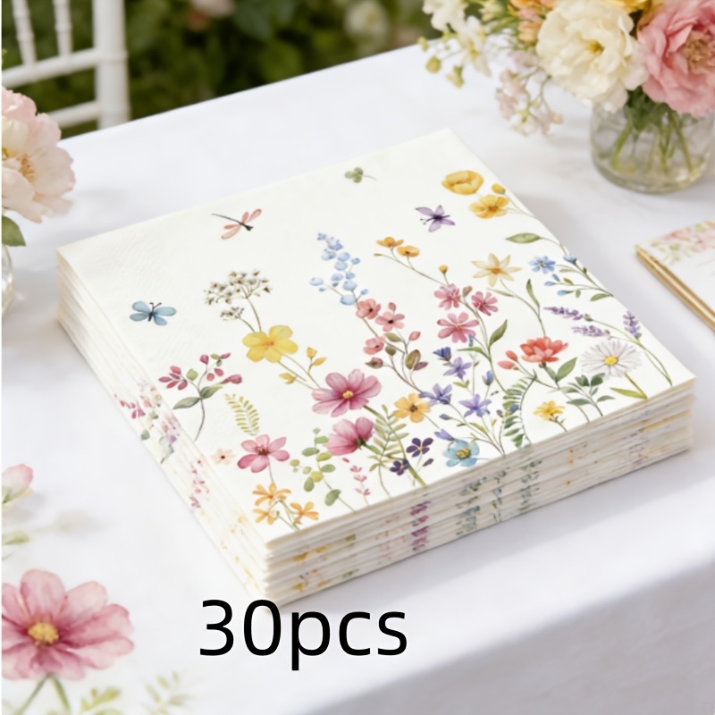 TEMU 30pcs Pack Spring Flower Napkins Suitable For Weddings, Bridal Showers, Birthdays - 6.5x6.5 Inch 2-ply Colorful Paper Napkin Sheets With Flower