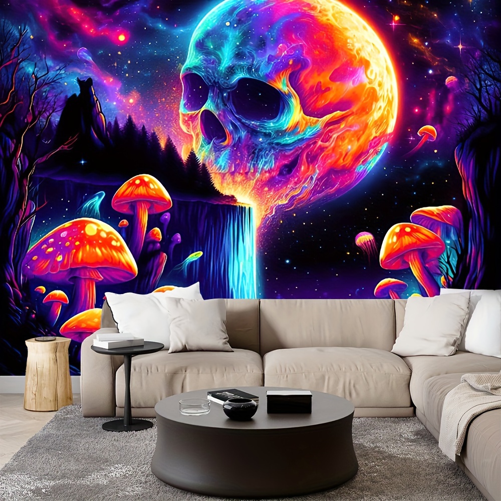

Mystical Moon & Neon Aesthetic Mushroom Tapestry - Polyester Wall Hanging For Living Room, Bedroom, Office - Indoor Decor Without Electricity, Knit Fabric, Free Installation Package Included