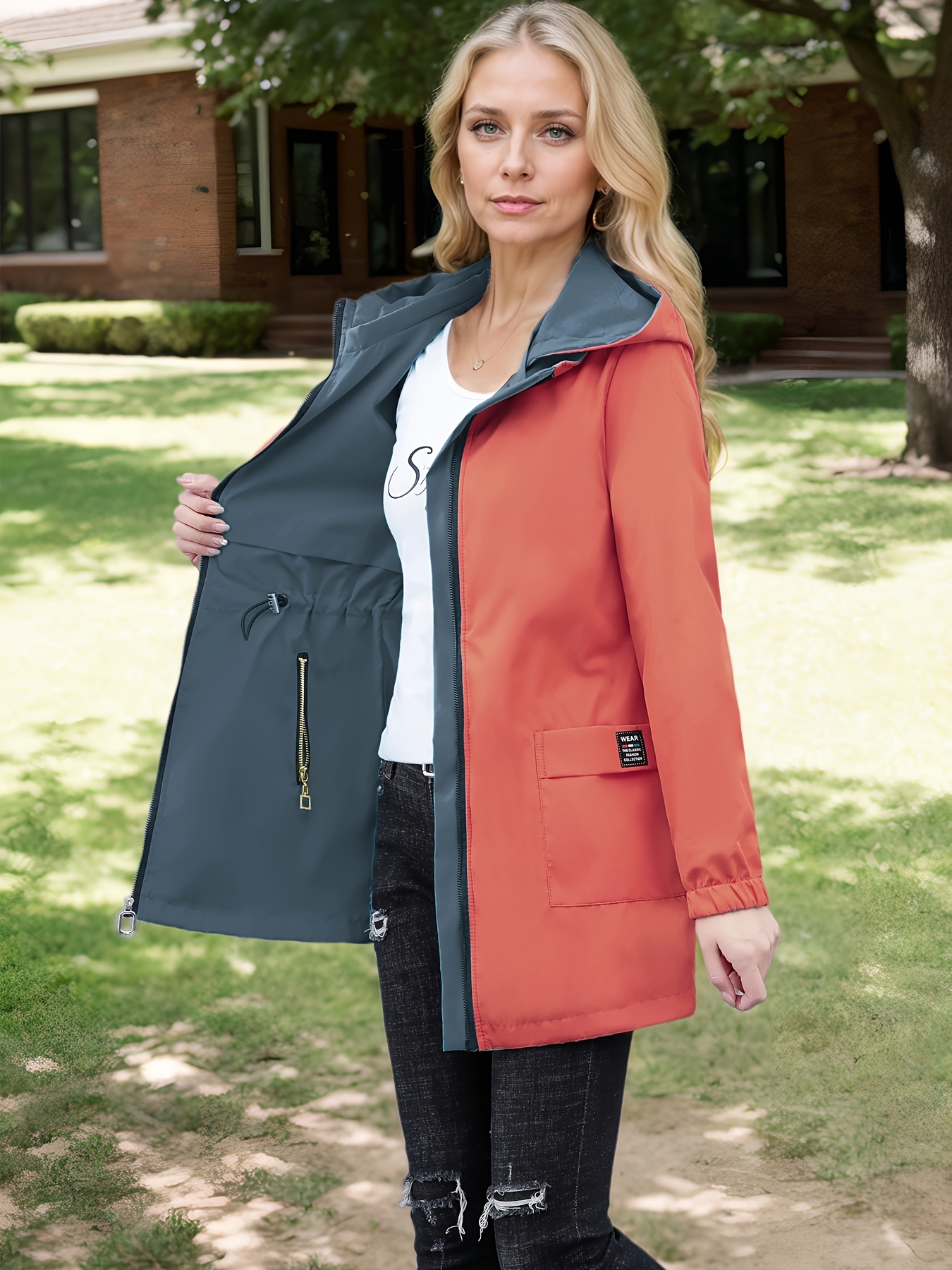 2024 new womens hooded windbreaker jacket   length casual coat with adjustable drawstring waist zipper closure button details solid color for   outdoor wear nonstretch fabric details 8