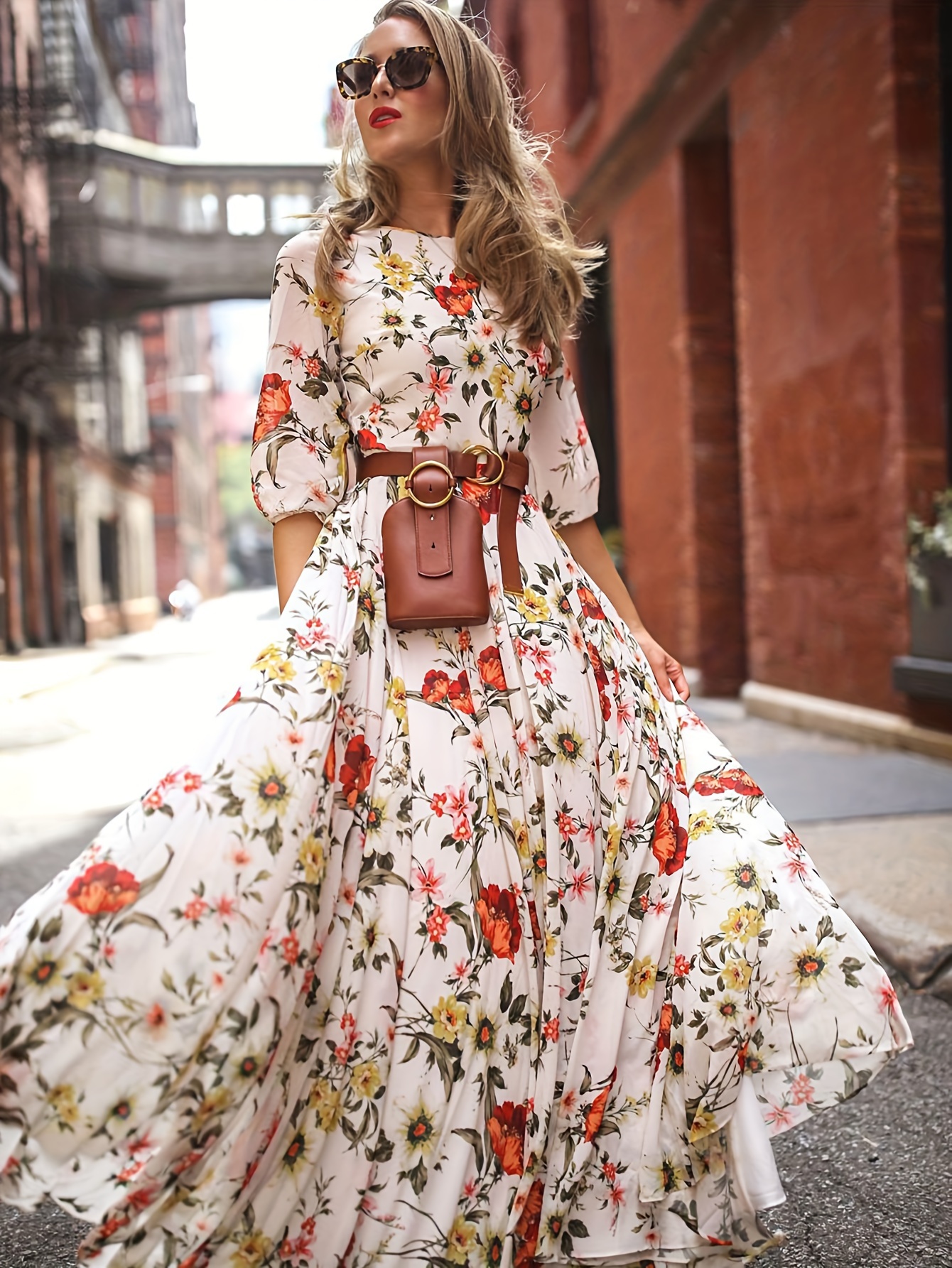 womens floral print dresses flowy boho crew neck half sleeve summer a line dress