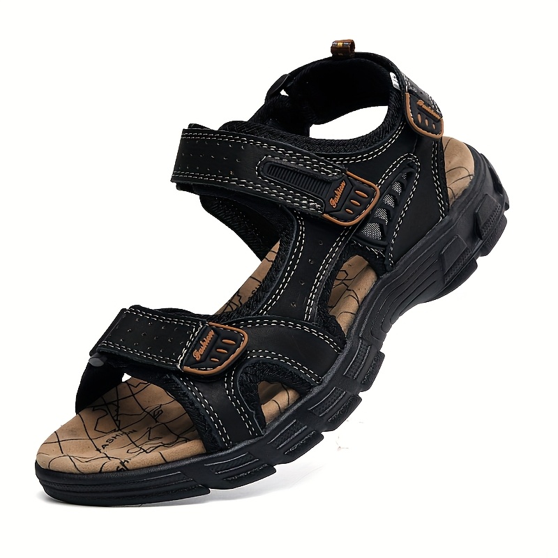 men s lightweight breathable sandals - adjustable hook-and-loop closure, non-slip cushioned md/rubber sole -   outdoor, beach, casual shoes - black - for hiking, walking, casual attire, beach footwear, round toe design, secure closure, hook and loop sandals,   0
