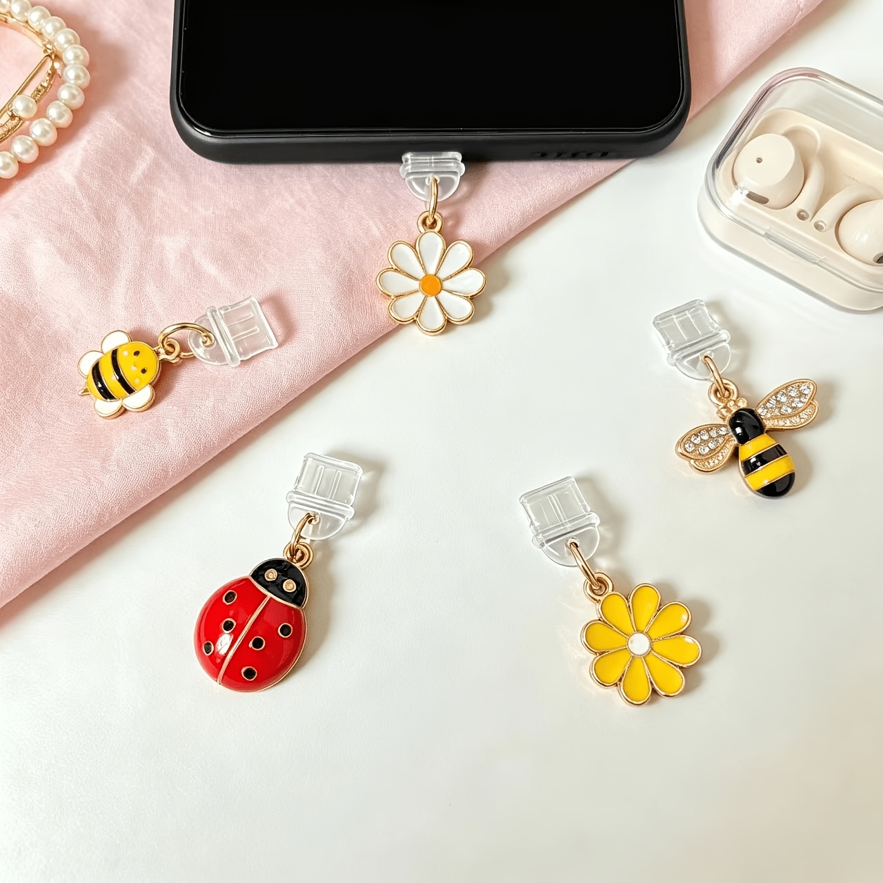 TEMU 5pcs Beautifully Designed Daisy Bee Ladybug Shaped Phone Dust Plugs, Serving As Dust Barriers And Phone Decorations - Floral And Insect-shaped