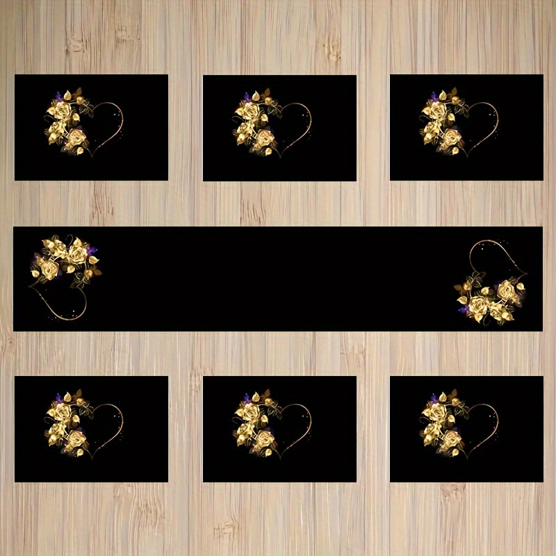 TEMU 5-/7pcs Table Runner + Placemats Set, Sparkling Rose And Black Table Runner Placemats Set, Includes 6 Placemats, Runner, For Indoor And Outdoor