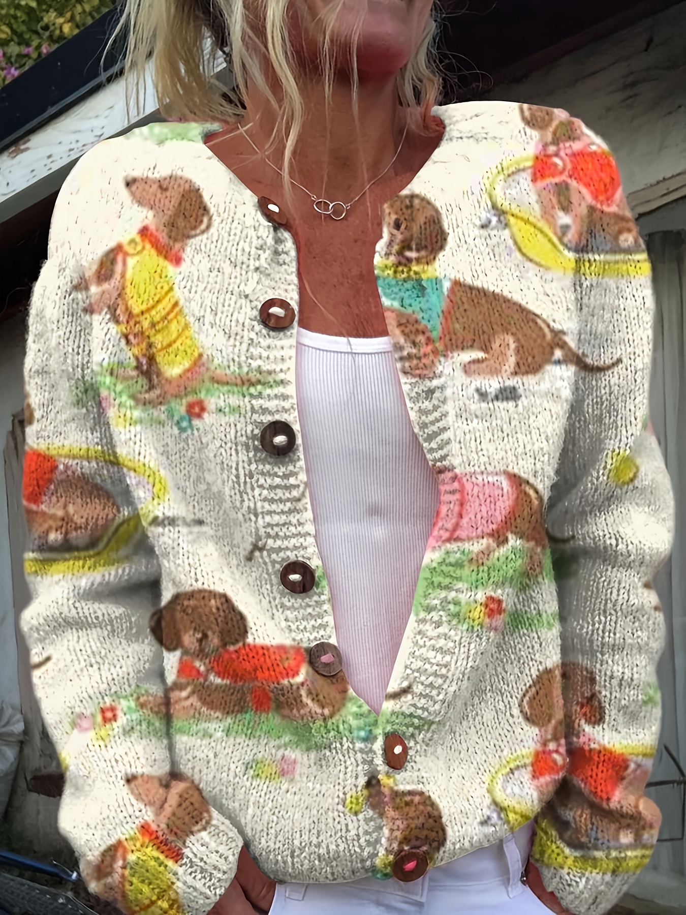 Commuting Vintage Cute Dog Print Cardigan Sweater