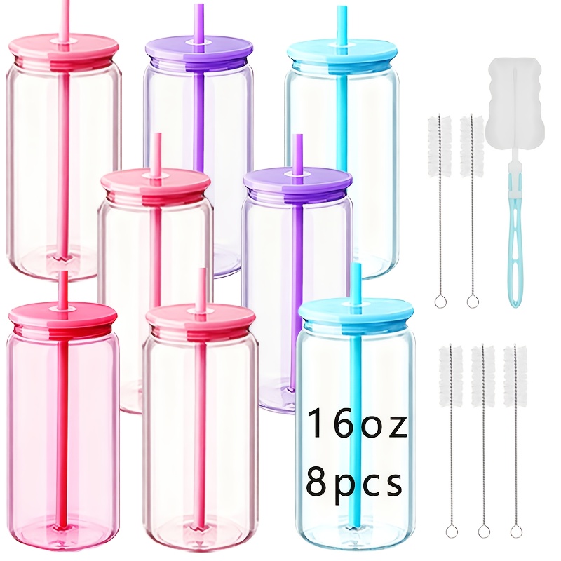 TEMU 8/16-pack 16oz Single-wall Colored Plastic Tumblers With Lids, Reusable Straws & Brushes - Fun Party Cups, Decorative Cups, - For Cold Drinks,