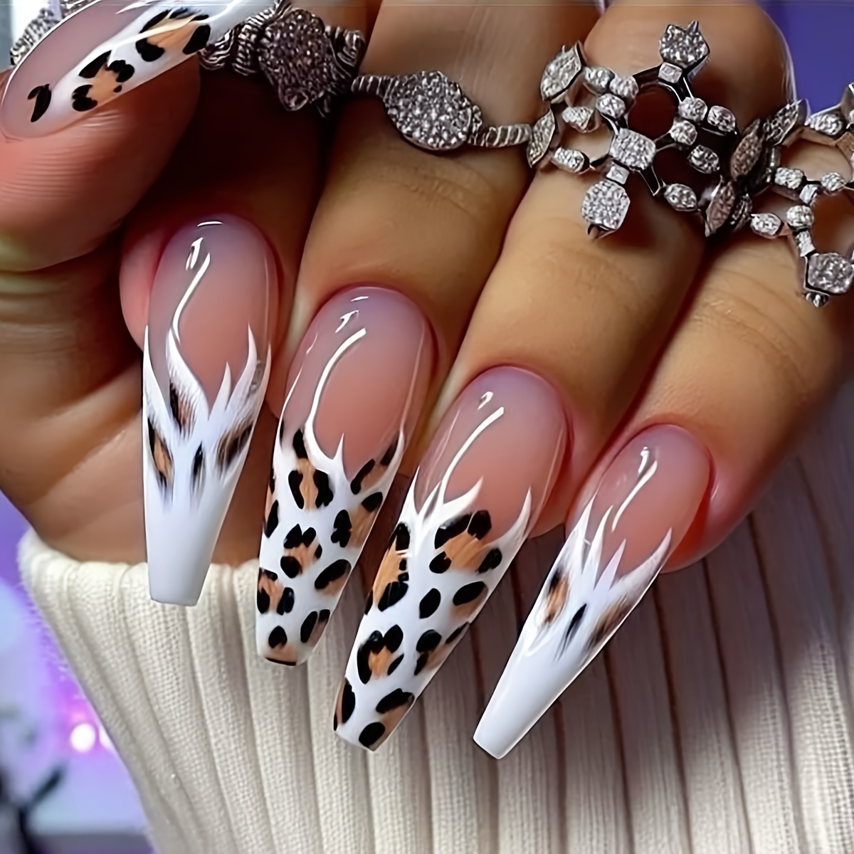 TEMU Full Set Of 24pcs Ultra-long Ballet--on Nails, Glossy Leopard White Gradient Design, Including 1pc Jelly Self-adhesive And 1pc Nail File, Ideal