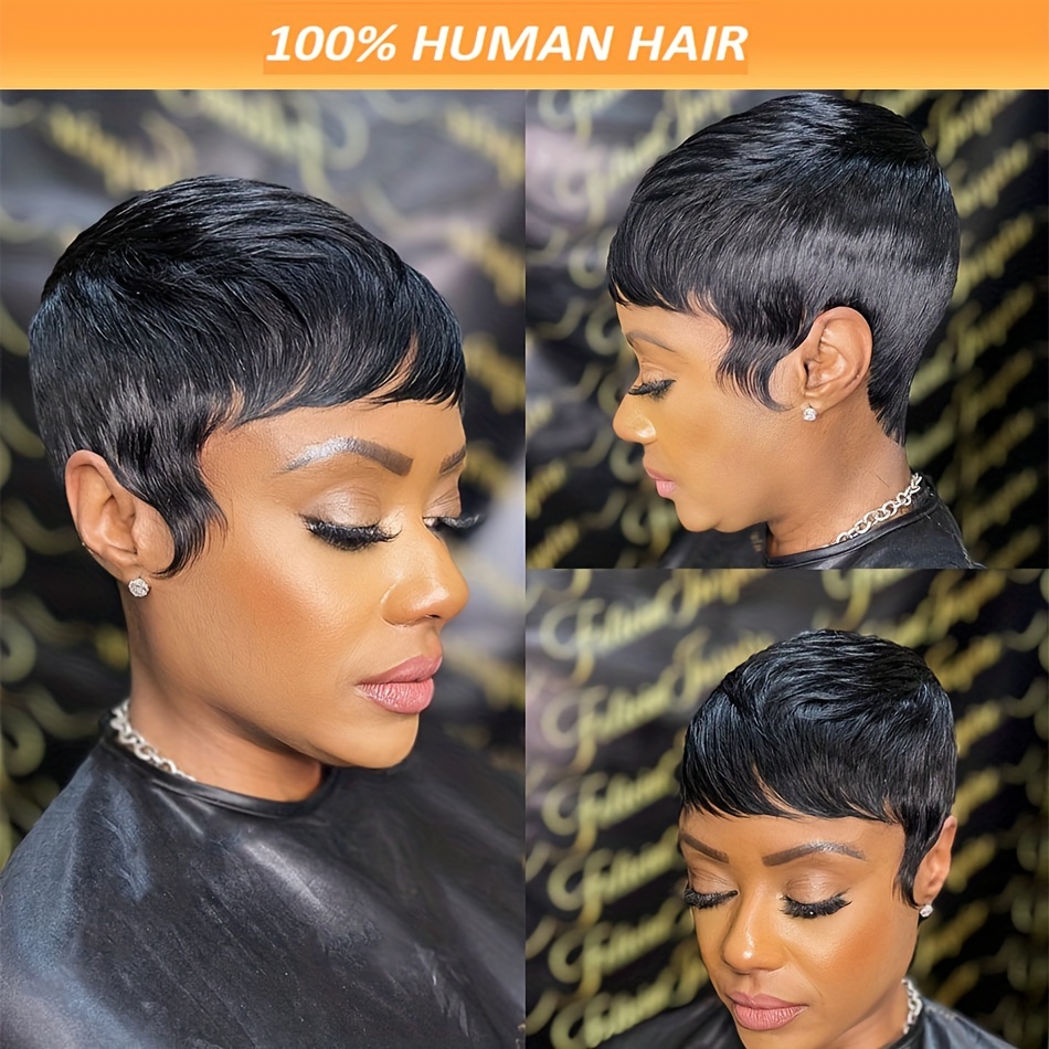 

Women's Straight Hair Pixie Cut Wig, 4 Inch Short Non-lace Human Hair, Brazilian Virgin Hair Wigs, 150% Density, Basic Style With Bangs And Rose Net Cap, For African American Women
