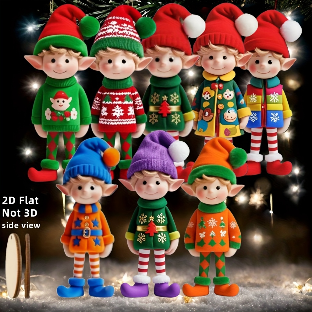 TEMU 2d Flat, 8pcs Elf Boy In Christmas Outfit Series Wooden Hanging Ornament, Handmade Ornament Set For Holiday Decorations, Wooden Merry Festive