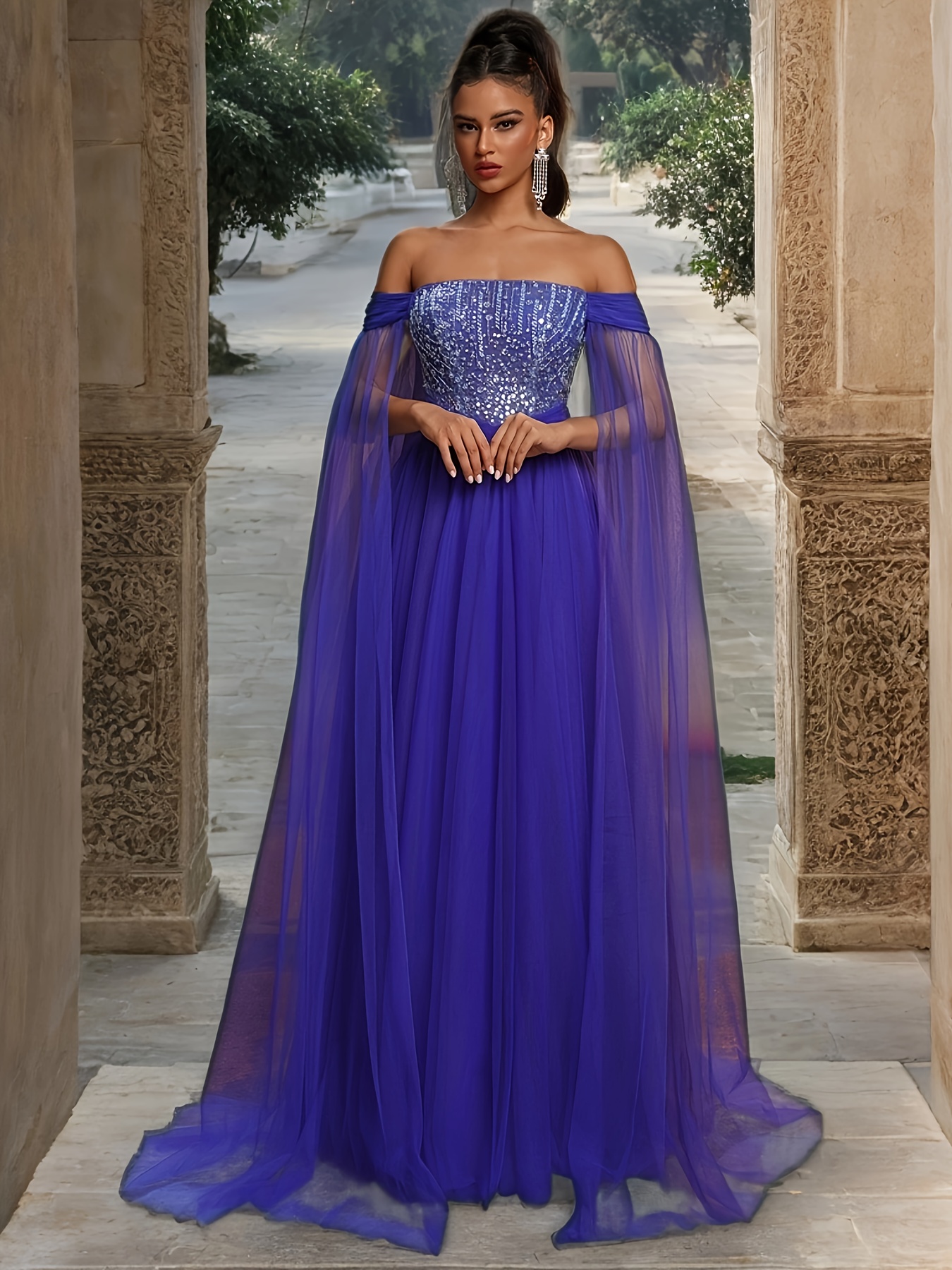 Elegant Off-Shoulder Sequin Mesh Evening Gown for Women Long Drape  Backless Design, Royal Blue, Formal Occasion Dress with Floor-Length Skirt,  Ele