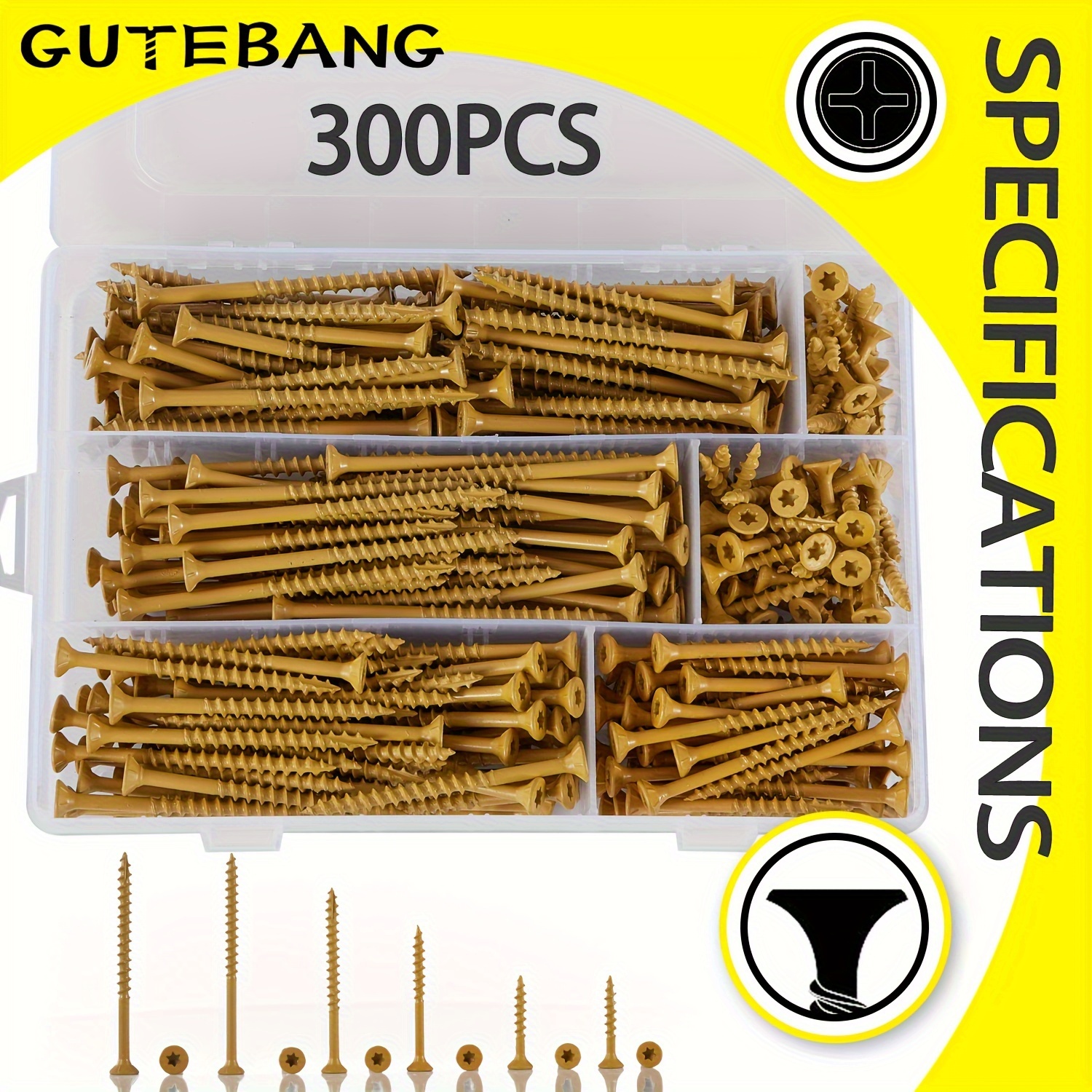 

300pcs Wood Screws Assortment Kits, 5 Size Deck Screws Screws With Coarse Thread, Tan Coated For Exterior Use, Self-tapping