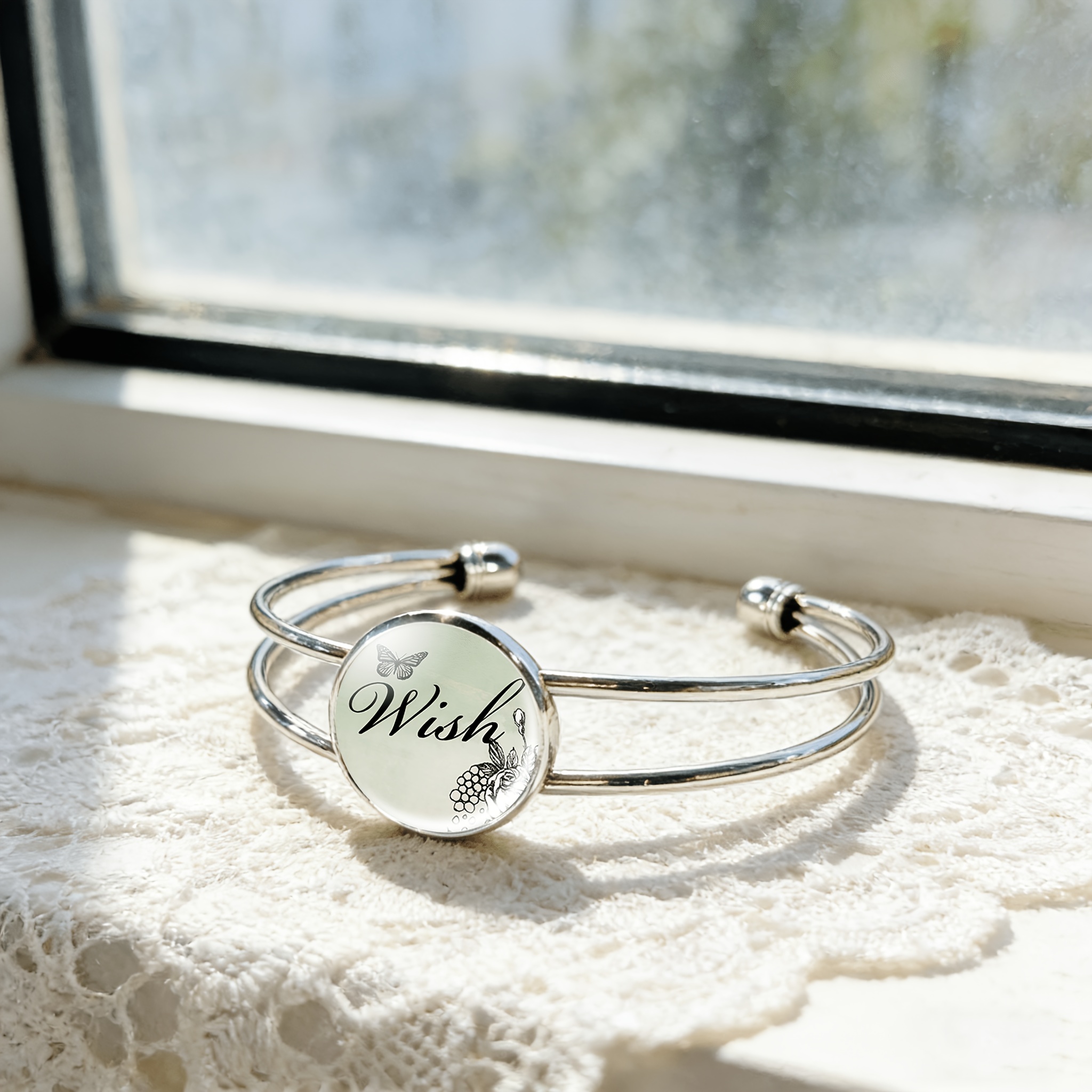 Adjustable Open Bangle with Round Time Gemstone Inlay and Butterfly Design
