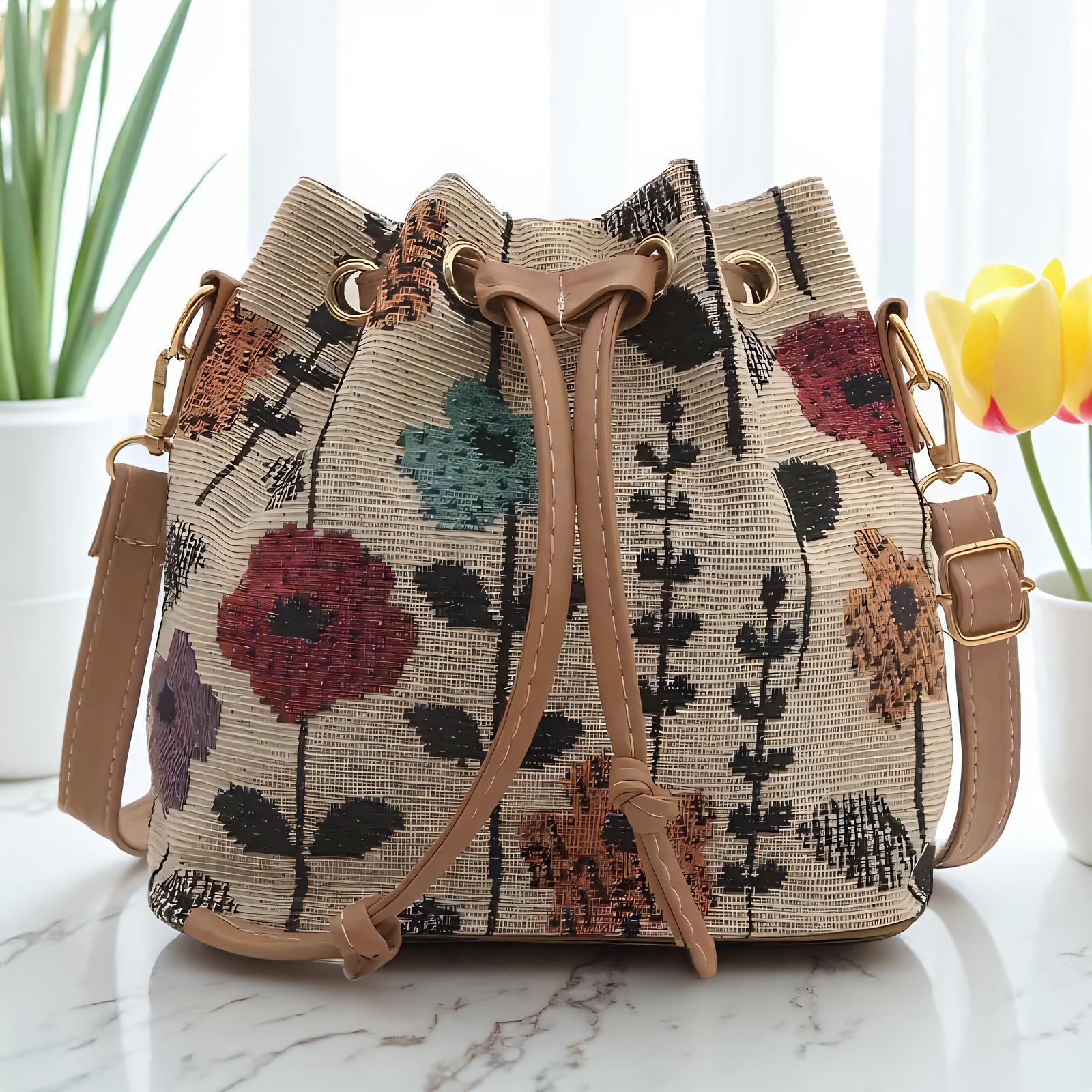 

An Elegant Floral Pattern Women's Bucket Bag: Handbag With Zipper Closure, Suitable For Travel And Work, For Casual Attire