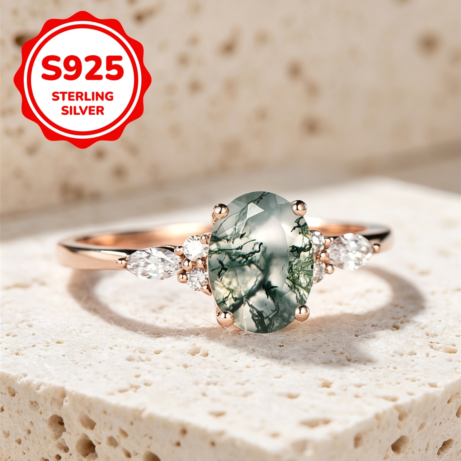 2.3g Elegant 925 Sterling Silvery Rose -prong Oval Water Grass Agate Small White Ring For Women, Engagement Wedding Anniversary Gift Promise Ring