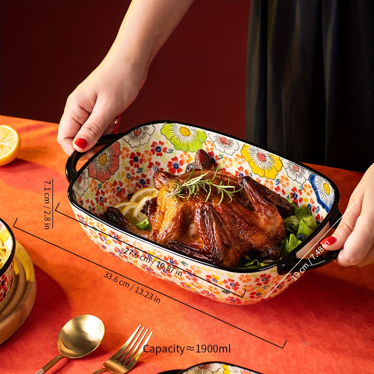 Vintage Floral Ceramic Roasting Pan with Handles, Rectangular Oven-Safe  Baking Dish, Hand-Painted for Cooking and Kitchen Casseroles