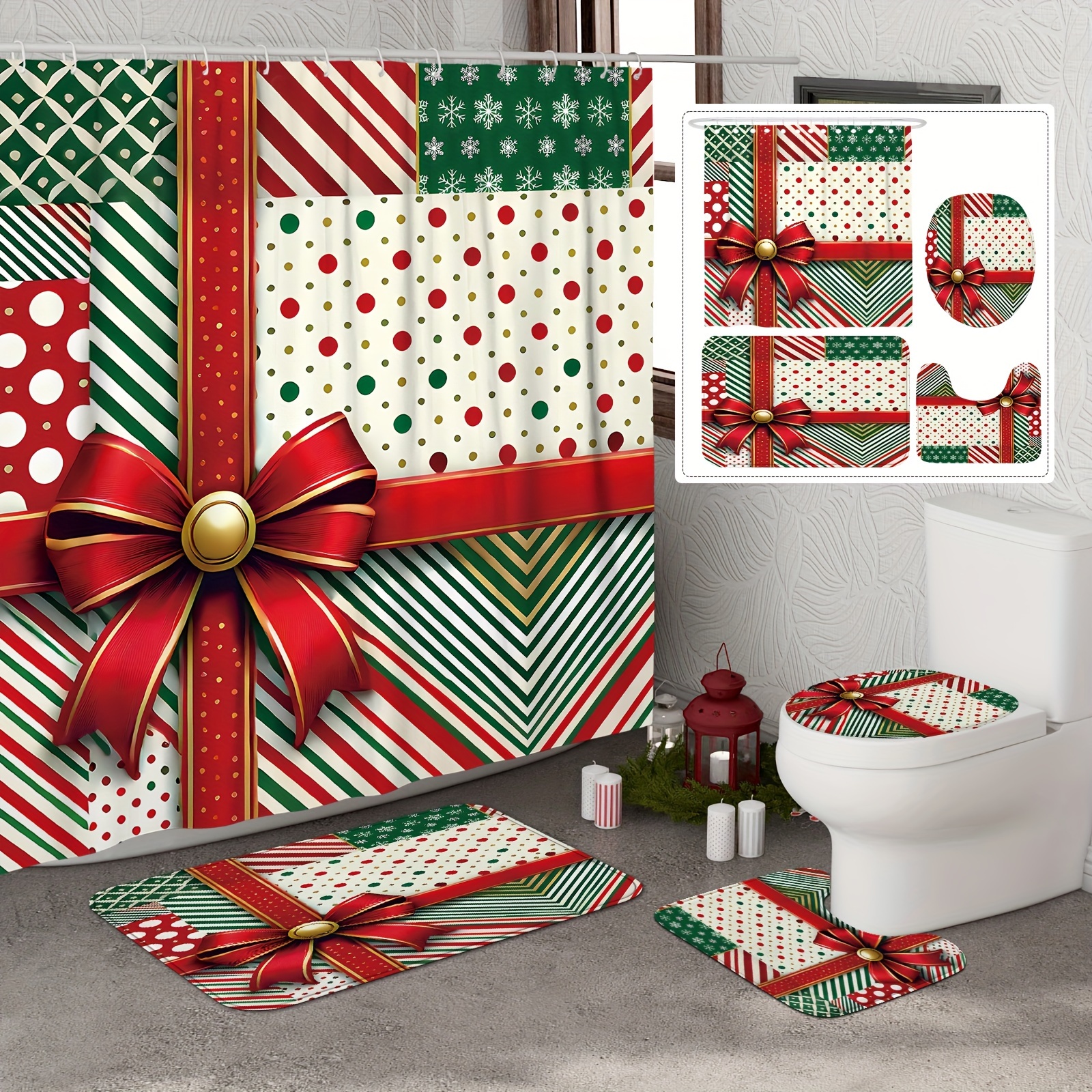 

1/4pcs Christmas Winter Shower Curtain Set Bow Geometric Patchwork Red Curtain Polyester Washable For Holiday Bathroom Shower Ornaments Home Decor With12hooks Non-slip Bath Mat Toilet Lid Cover Mat