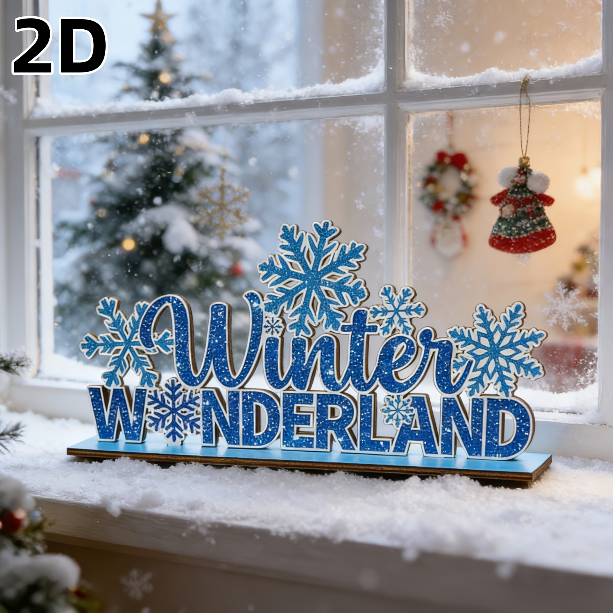 TEMU 2d Flat, 1pc Winter Wonderland Wooden Centerpiece With Blue Snowflake Tabletop Decor - Irregular Shape Suitable For Christmas, New Year', Snowy