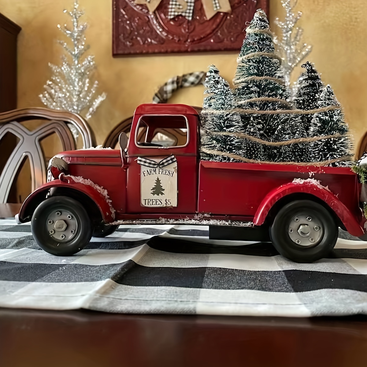 

1pc Resin Christmas Tree Truck Figurine - Red Vintage Car With Flocked Trees - Home Decor For Indoor & Outdoor Use - Cartoon Theme Collectible - Ideal Gift For Christmas, Friends, Family