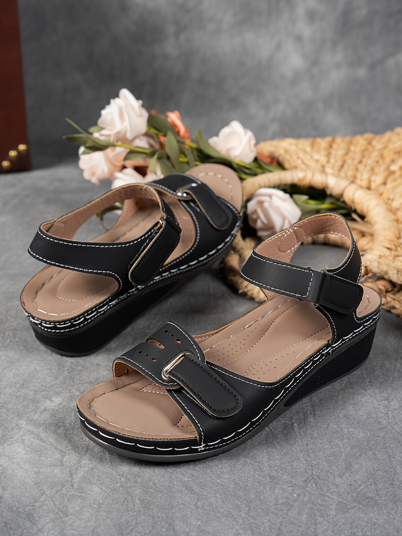   womens beige wedge sandals comfortable open toe platform shoes with adjustable ankle strap perforated design for   casual summer fashion strappy sandals Product details 16