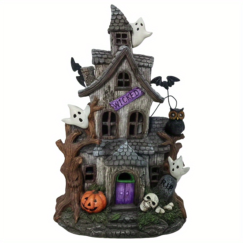 TEMU 1pc Haunted House Statue Ornament, 11.6-inch Light Color Changing Mini Bat Haunted House Statue, Halloween Holiday Decoration, Fairy Tale Garden