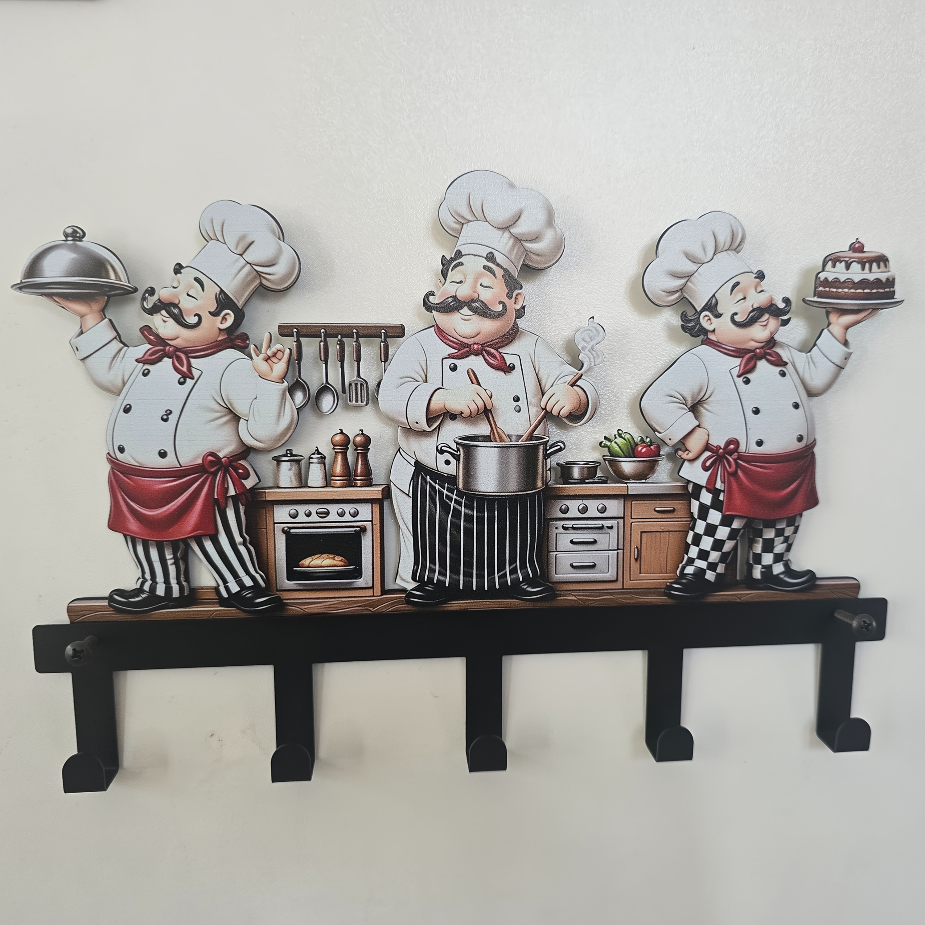 TEMU Vintage Metal Wrought Iron Chubby Chef Decorative Hook, Kitchen Utensil Hook, Wall-mounted 5-hook Rack, Suitable For Kitchen And Dining Storage,