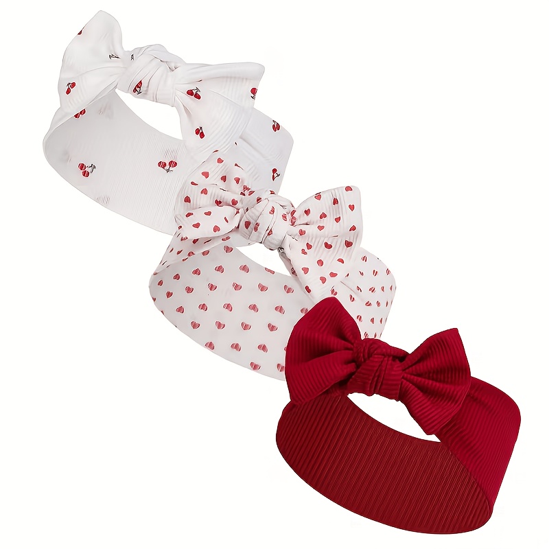 TEMU 3pcs Baby Bow Headbands, Red Heart Cherry Print Solid Color Stretchy Wide Hair Wraps, Newborn Infant Hair Additions For Birthday Party Photo