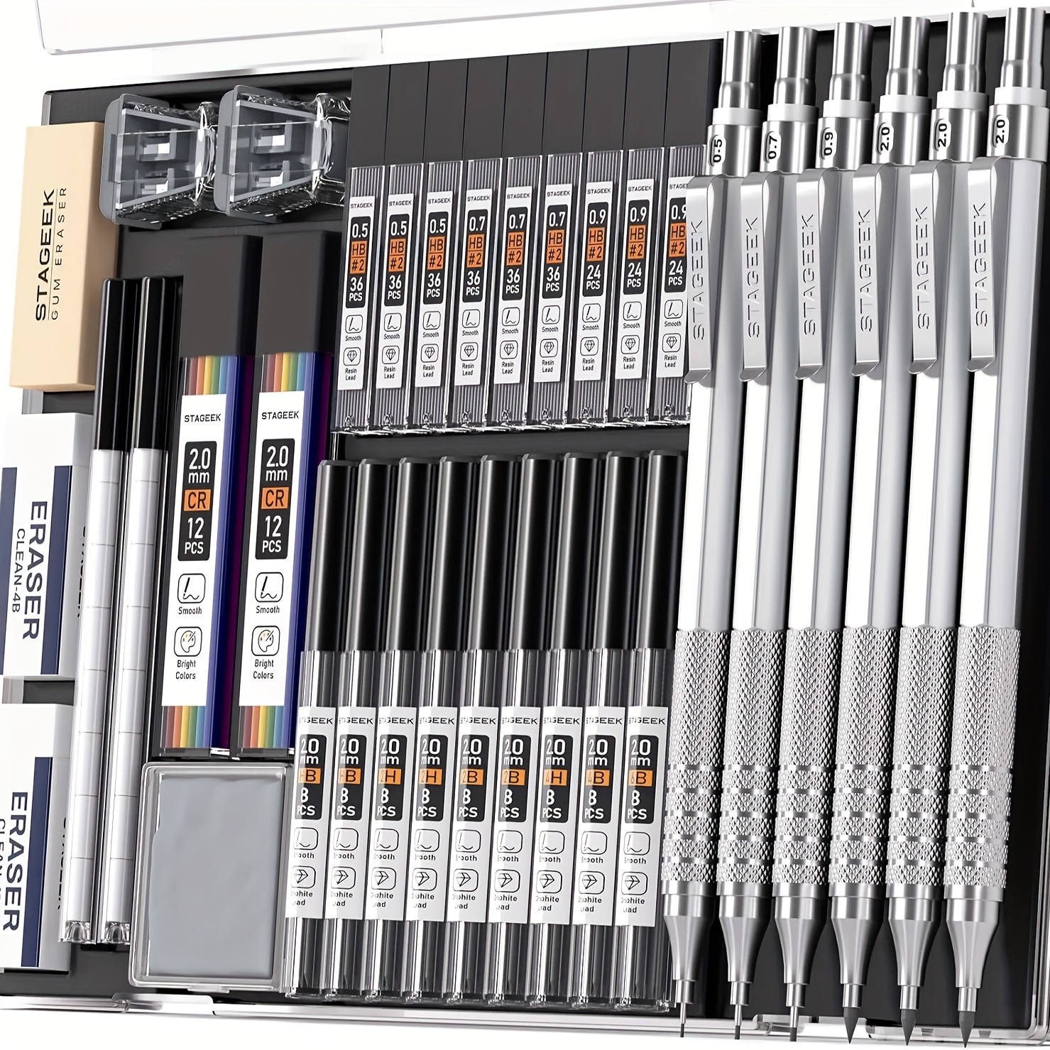 TEMU Ensemble de crayons mécaniques Art Metal, 34 pièces, argent, noir, 3 crayons de Art 0,5, 0,7, 0, et 3 crayons de dessin mécanique 2 mm avec 384