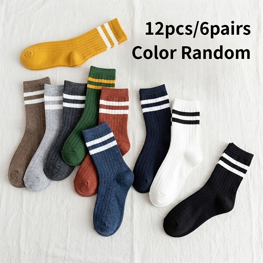 TEMU 12 pièces/6 paires de chaussettes à rayures et de couleur aléatoire, chaussettes décontractées unisexes, chaussettes de course et de fitness en