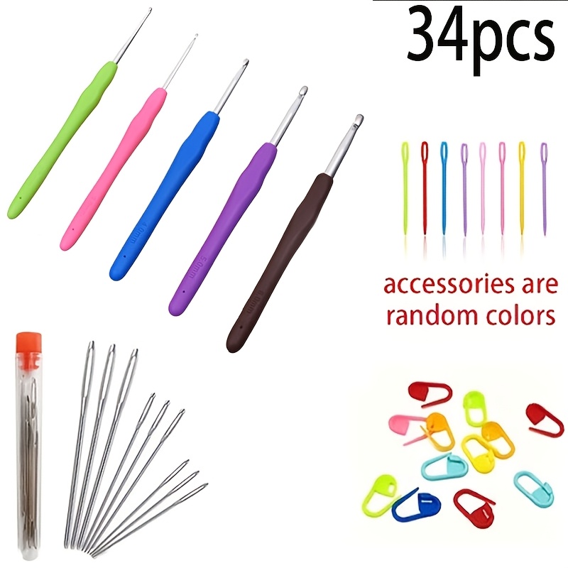 TEMU 34pcs Crochet Set, 5pcs Crochet (2mm-6mm) Ergonomic Handle Crochet, With 9 Embroidery,, Sweater Needle, Blunt Head And Needle, With 20pcs Of