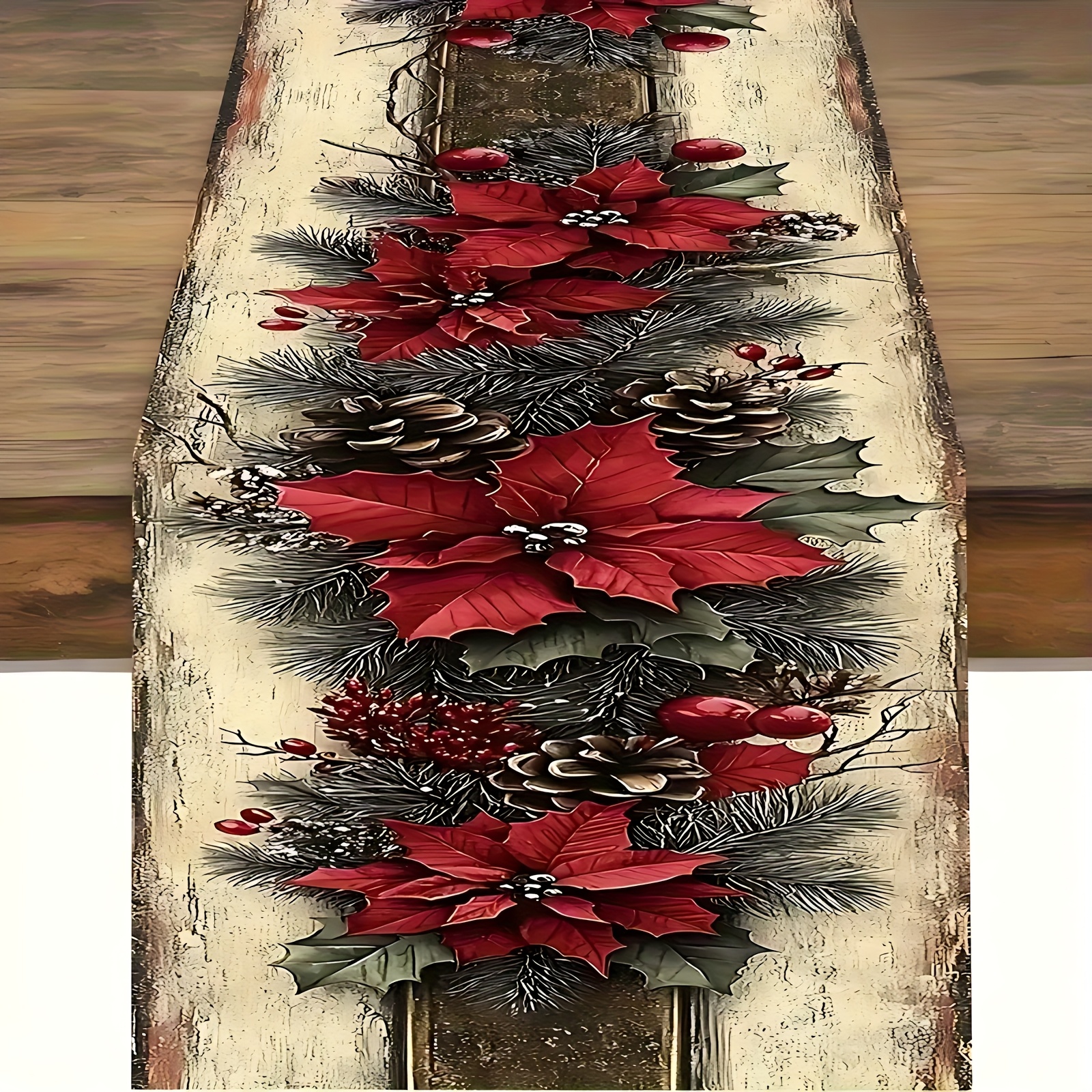 Image of A Vintage Christmas-themed Tablecloth Featuring A Design Of Large Red Flowers And Pine Cones, Perfect For Decorating Rectangular Holiday Dining Tables For Christmas, New Year, And Winter Parties