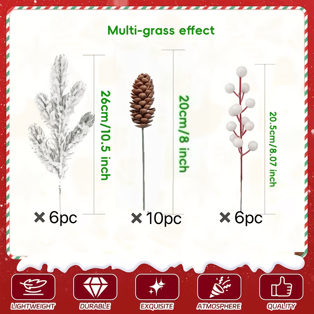 TEMU 22pcs Artificial Flower Set With Cedar Needle Branches, Pine Cones, And White Berries. Suitable For Christmas Decorations, Reusable For
