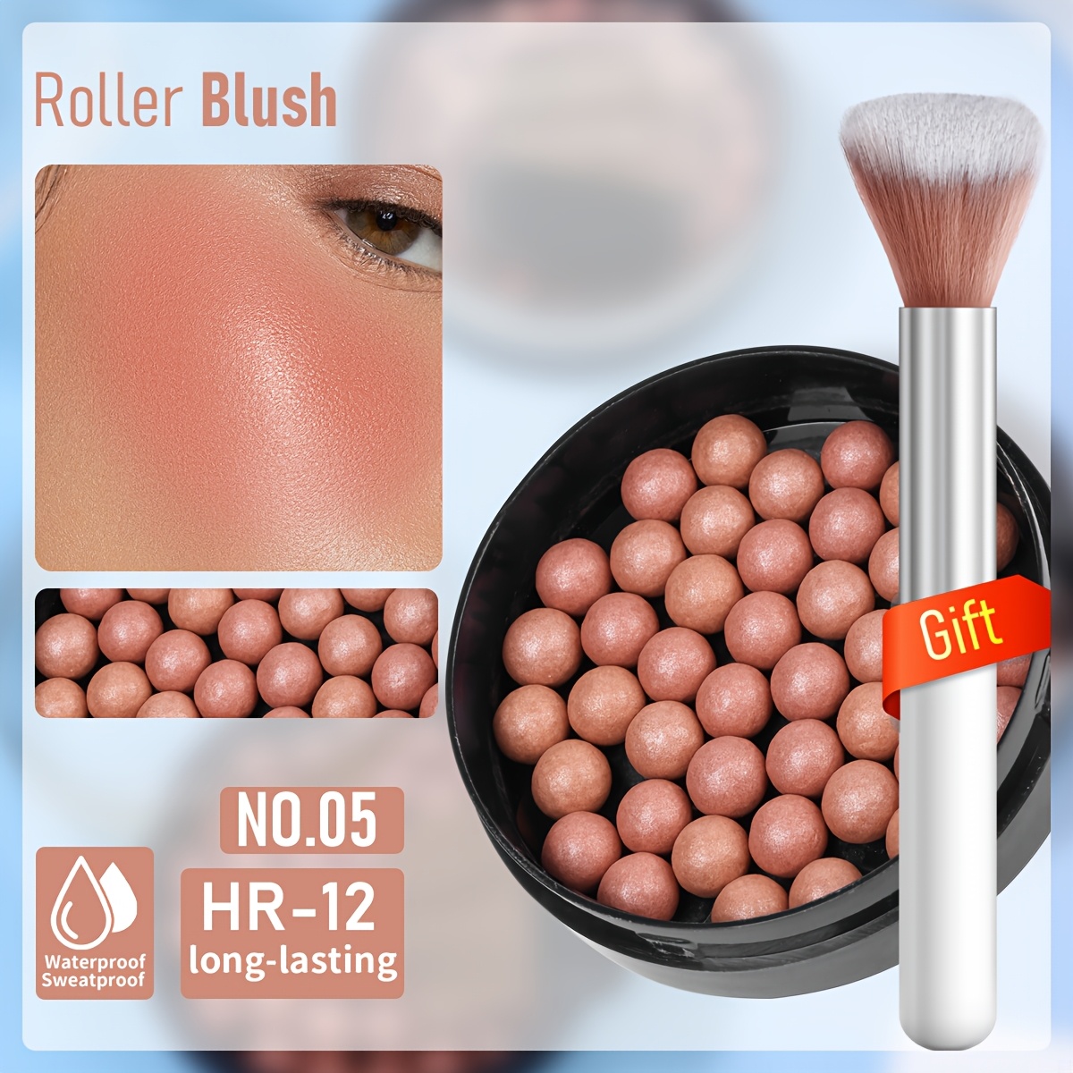 1pc Rollerball Blush + 1pc Blush Brush Set - Unique Rollerball Formula - Shine - Brightens Light Beige - Long-lasting And Water-resistant - With Blush Brush - Girls' Cosmetics - Mother's Day & Gift