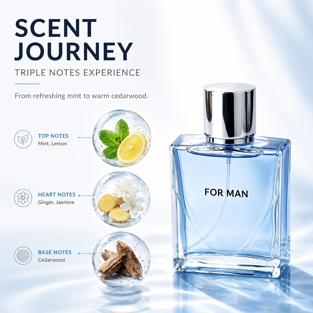 TEMU Men's Eau De Toilette Spray, 100ml/3.4fl Oz Aquatic Cologne With Mint, Lemon, Ginger, Jasmine & , Long- Masculine Scent, Portable Glass Bottle