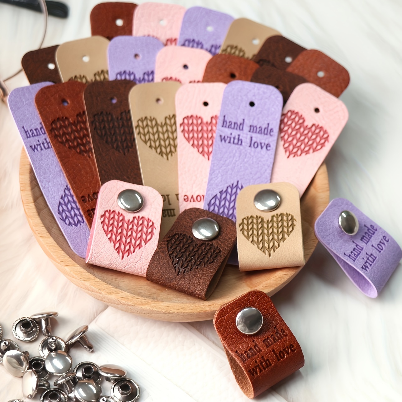 

10/30/50pcs Leather Tags For Diy Crafts, Custom Labels With Rivets, Ideal Accessories For Knitting, Crochet, Jeans, Bags, Hats, Scarves, Casual Style Crafting Accessories