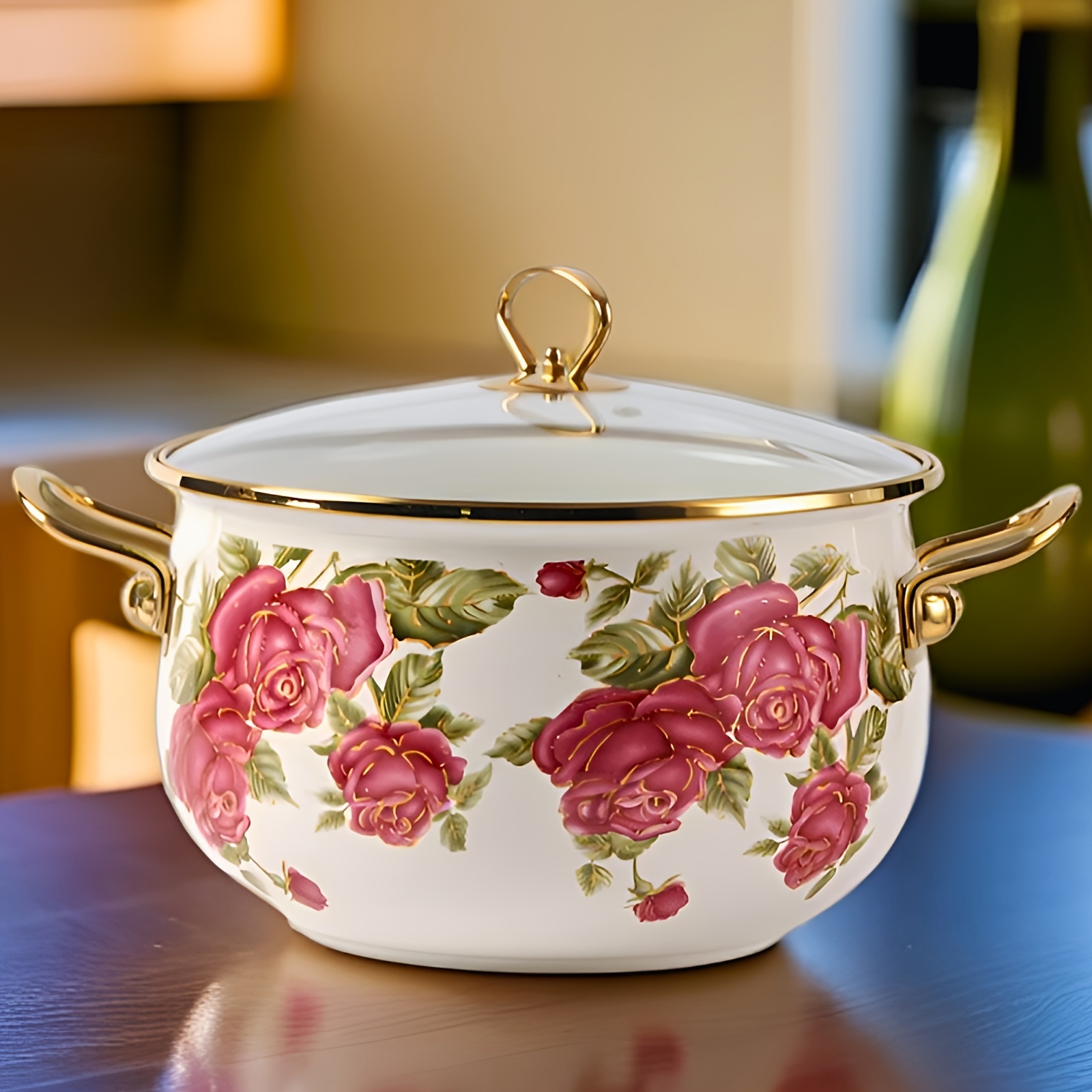 gold handle rose flower enamel   with glass lid   in four sizes high end   home and outdoor cookware details 9