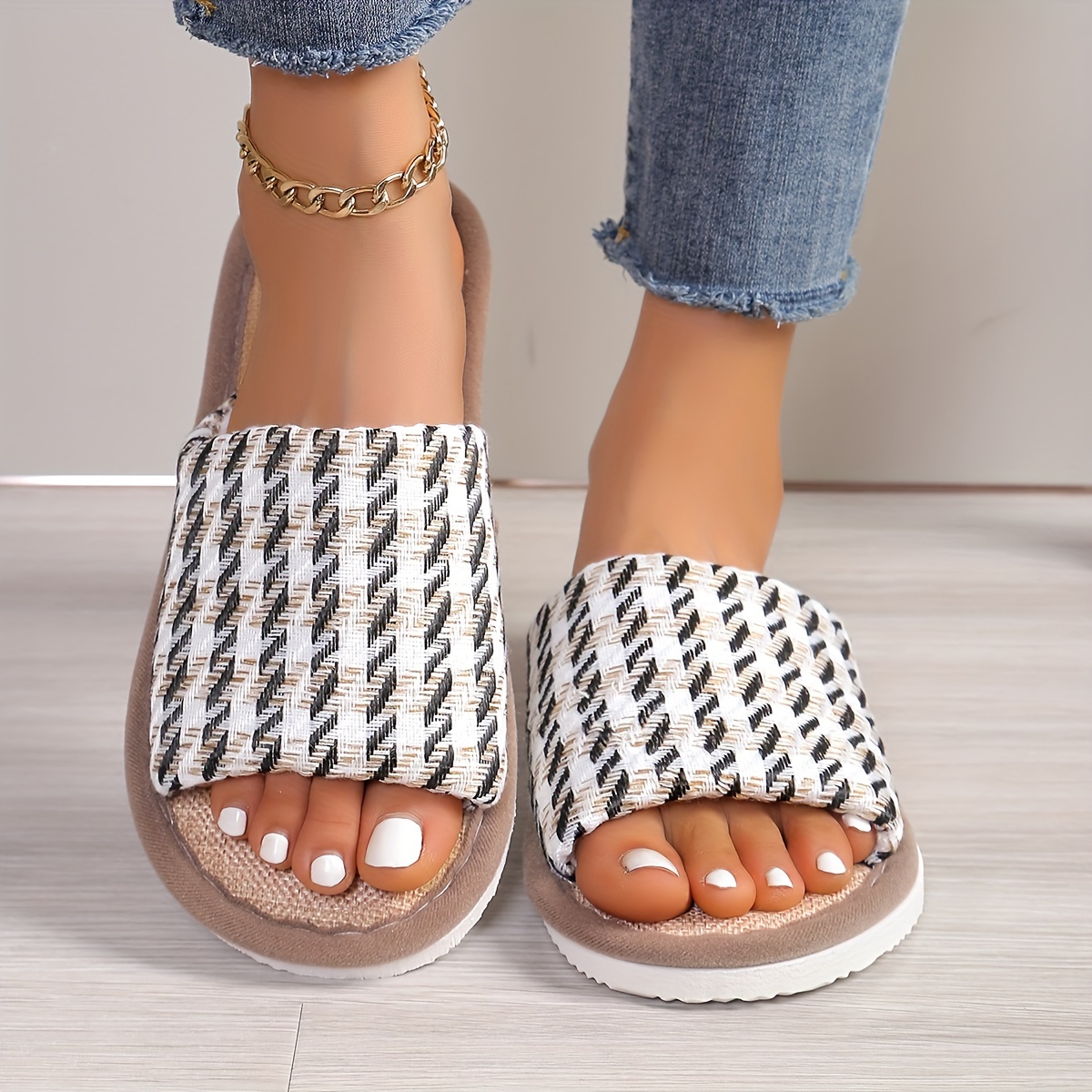 

Unisex Home Linen Slippers, Comfy Open Toe Soft Sole Flat Shoes, Breathable Indoor Floor Slippers