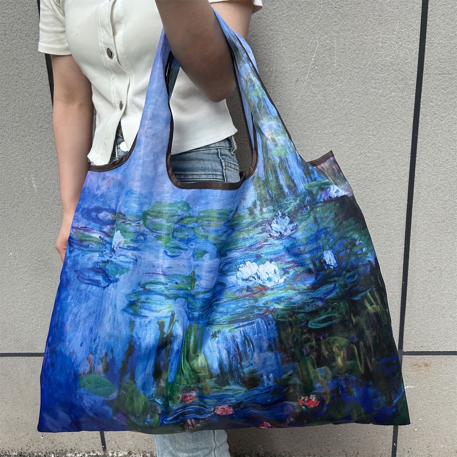 Image of Oil Painting Water Lily Large Grocery Bag Foldable Shopping Bag Lightweight Gym Bag Tote Bag Beach Camping Sundries Storage Bag