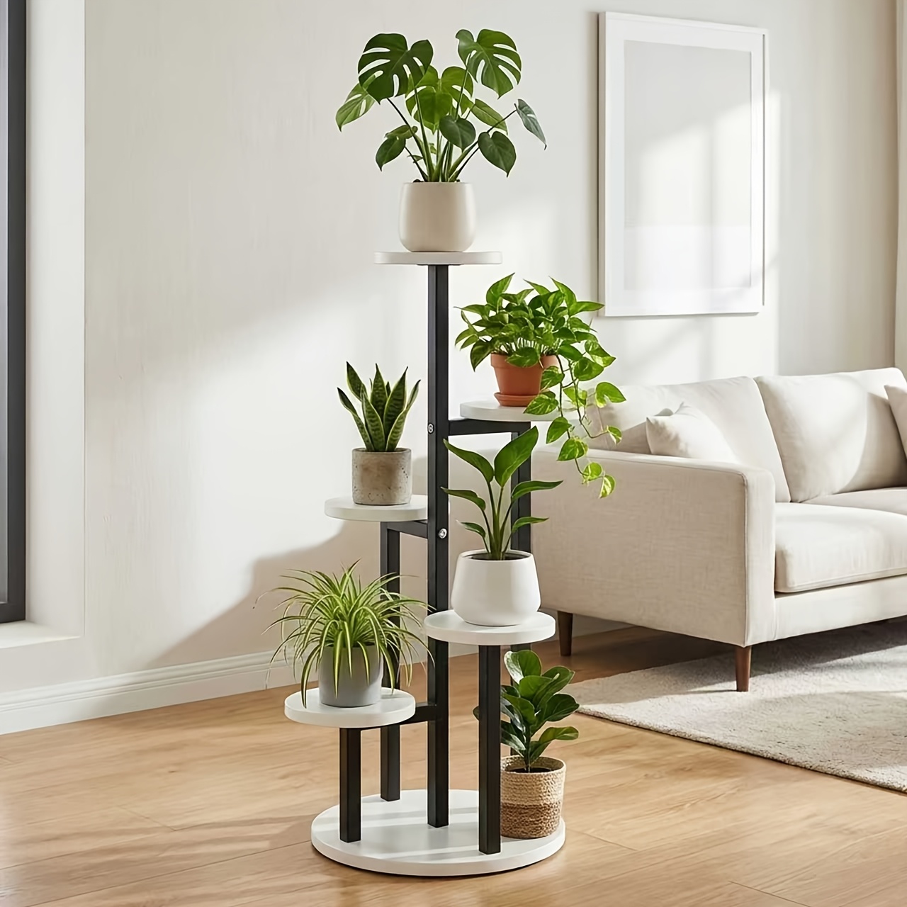 Image of 1pc Six-layer Rotating Flower Stand, Plant Stand, Flower Pot Display Stand, Floor-standing Storage Rack, Golden To Wooden , Suitable For Indoor And Outdoor, Terrace, Balcony, Living Room, Garden