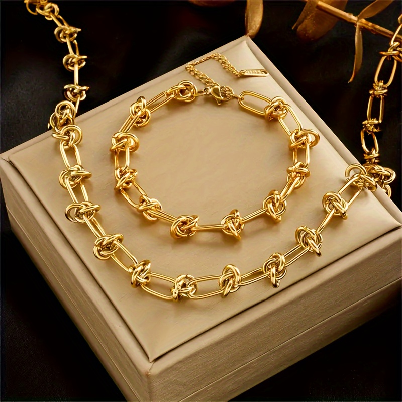 

1 Pc Bracelet +1 Pc Necklace Stainless Steel Jewelry Set Unique Unique Chain Design Elegant Punk Style For Women Party Accessories