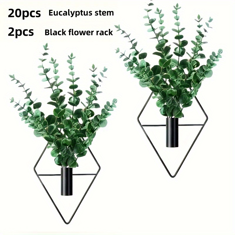 Image of 20pcs Of Artificial Plants + 2pcs Of Rhombus Hanging Flower Pot Combination, Metal Hanging Flower Vase Indoor Plant Stand Modern Geometric Wall Decoration Room Office Decoration