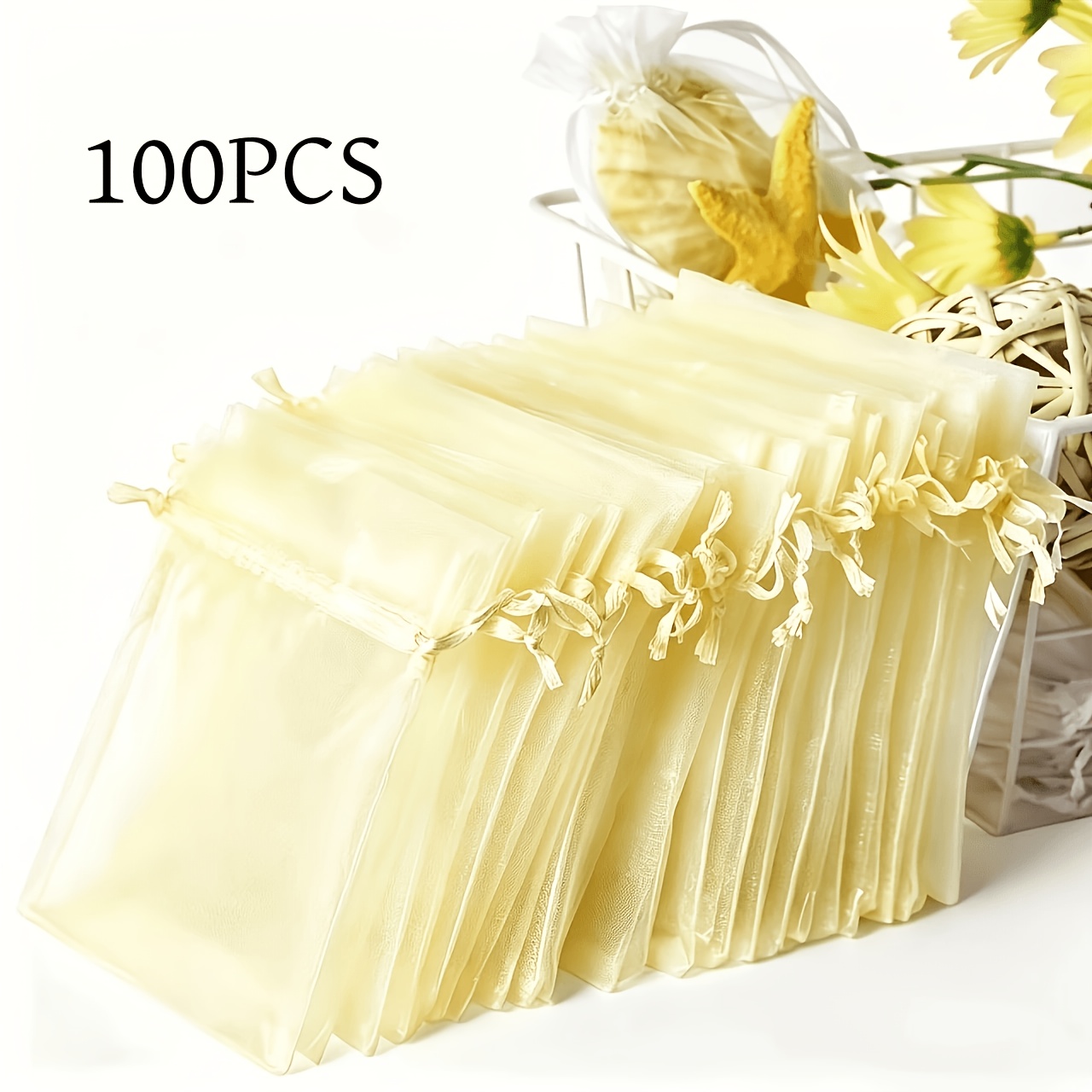 TEMU Lot de 100/50 sacs cadeaux beiges en organza voilé avec cordon de serrage (3,54 pouces × 2,76 pouces), parfaits pour les cocardes de mariage, de