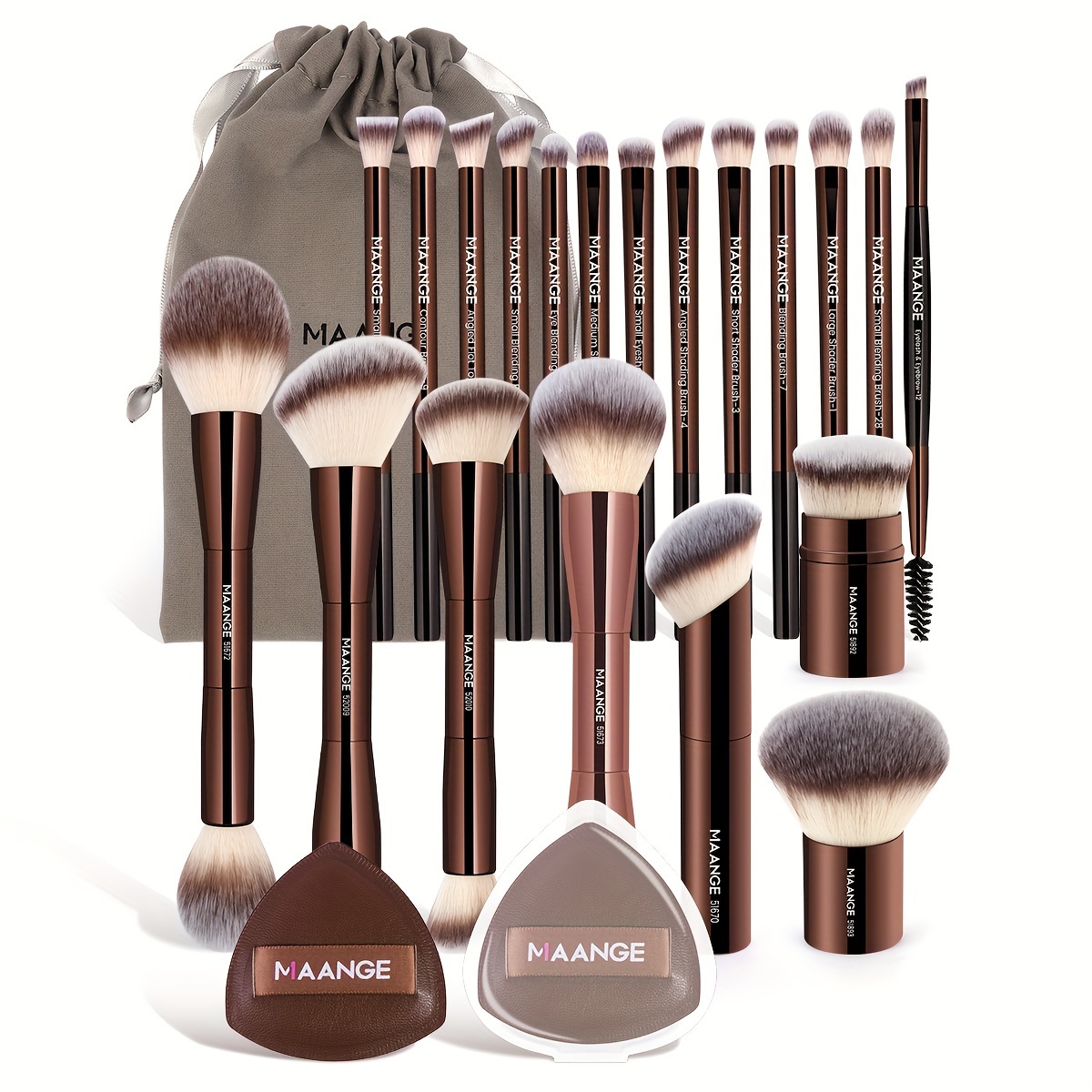 TEMU Maange 23pcs Makeup Brush Set, Wand Form, Nylon Bristles, Abs Handle, Unscented, All Types - Includes 20 Brushes, 2 Pu Sponges & Velvet Pouch - Complete Kit For Use & Travel, Gift Idea