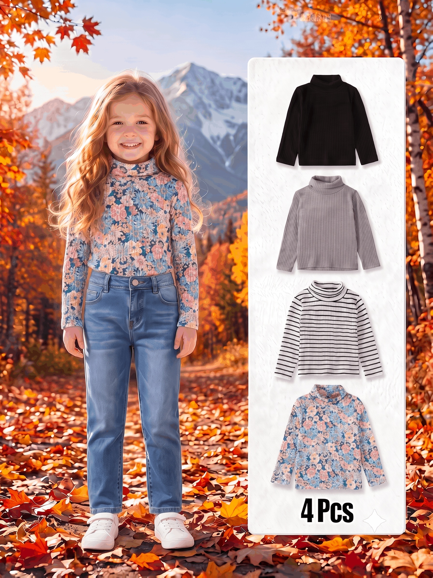 4pcs Girls' High-Neck Stylish Pullover Sweater Set, Autumn/Spring