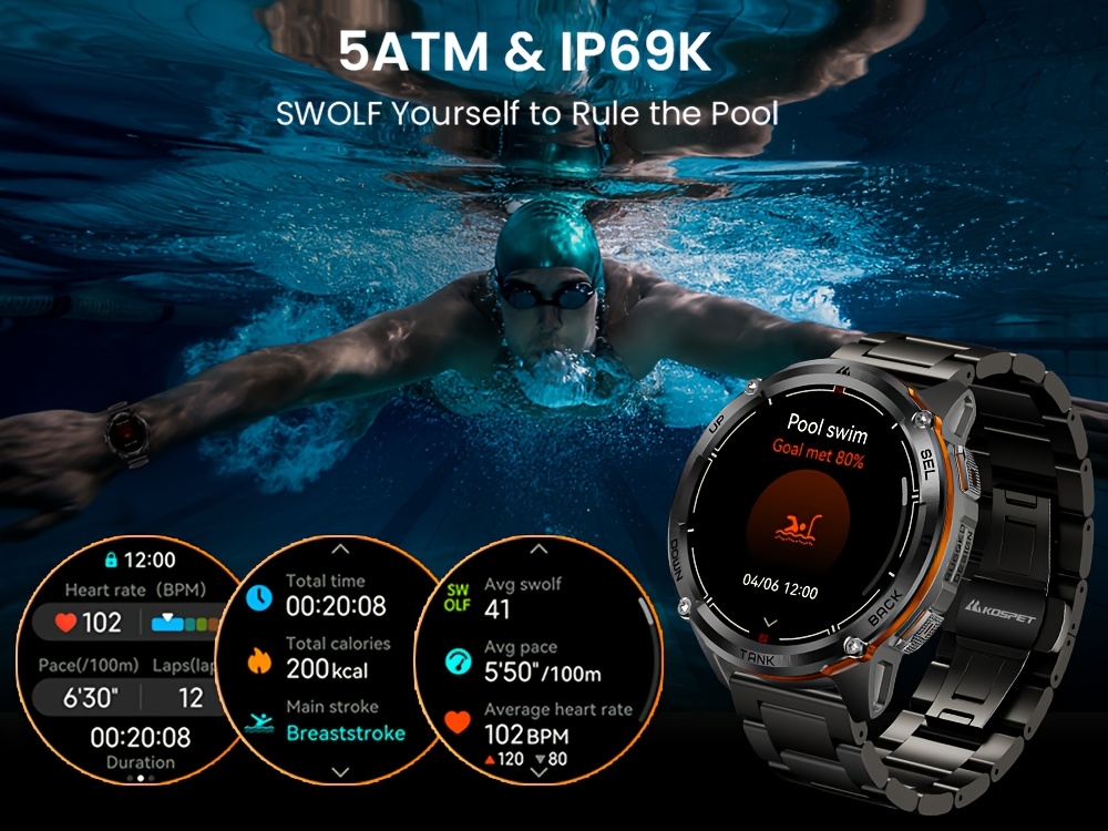 Le KOSPET TANK T3 Ultra2 est une montre intelligente GPS conçue pour les hommes, dotée d'une boussole, d'un altimètre et d'un capteur de pression barométrique. Elle prend en charge six systèmes de positionnement satellitaire et dispose d'une batterie de 470 mAh qui peut durer jusqu'à 60 jours. Avec une armature robuste en acier inoxydable.