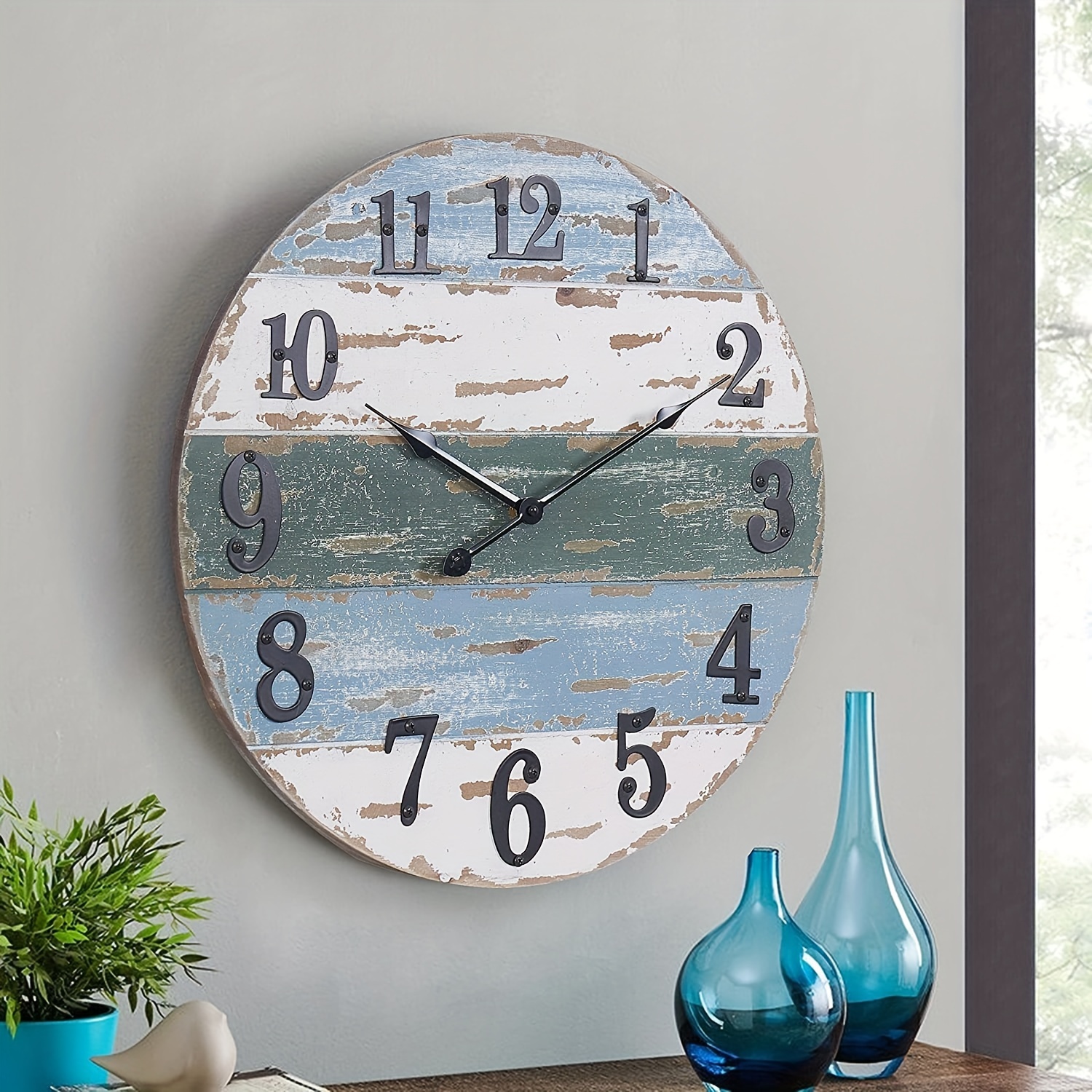 

Large Beach Coastal Nautical Wall Clock, 18.25 Inch Wooden Wall Clocks Battery Operated, Vintage Farmhouse Decorative